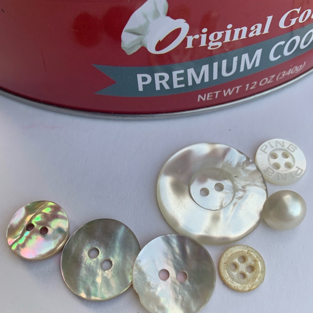 Buttons in a Cookie Tin All Assorted White Small Medium Large w/Ten Pack sets